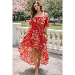 AUW Red Floral Off The Shoulder Flutter Sleeve Dress High Low XL